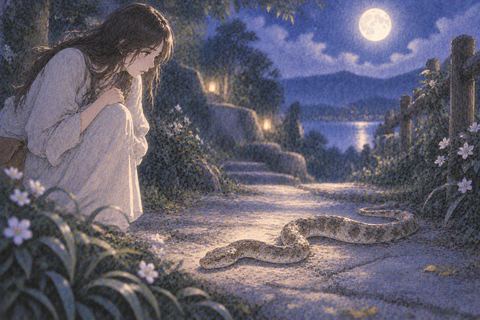 静かな夜道に動かず横たわる蛇