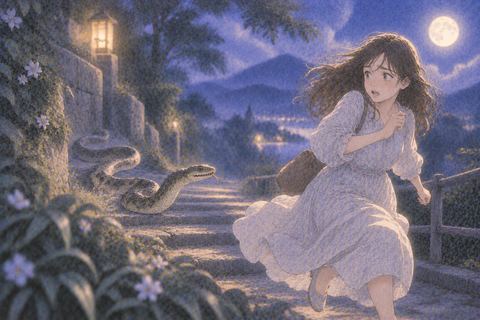 夜道を逃げる人物を蛇が追う夢の場面
