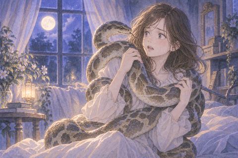 大きな蛇が身体に巻き付き戸惑う人物