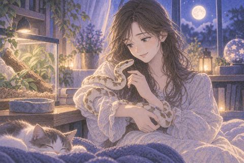 手元の蛇を穏やかに見つめる人物
