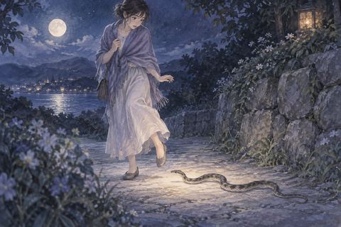 足元の蛇に気づいて驚く人物