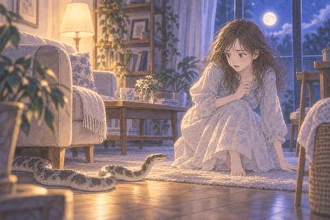 夜の居間に蛇がいて驚く人物