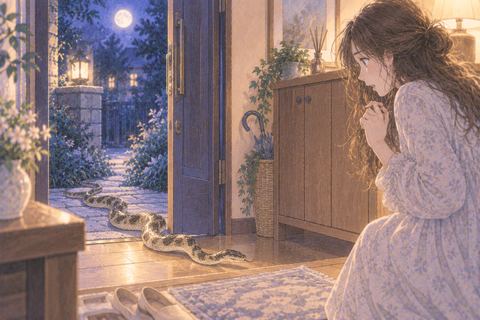 開いた玄関から家へ入ってくる蛇