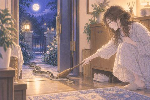 家の蛇を玄関から外へ逃がす人物