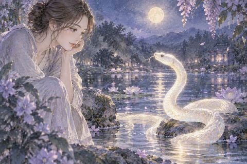 淡く光る蛇に見入る人物