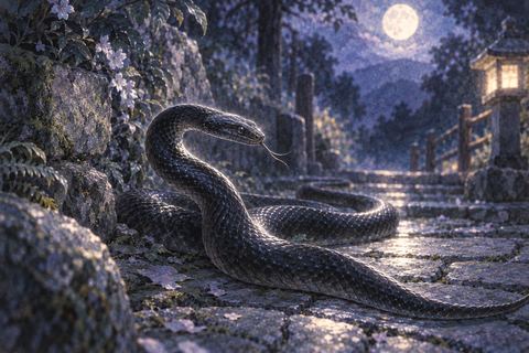 薄暗い夜の道にいる黒い蛇