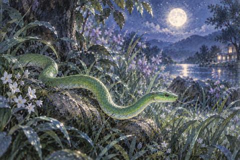 夜の草むらを進む緑の蛇
