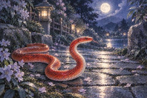 夜の石畳に現れた赤い蛇