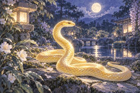月光の中で金色に輝く蛇