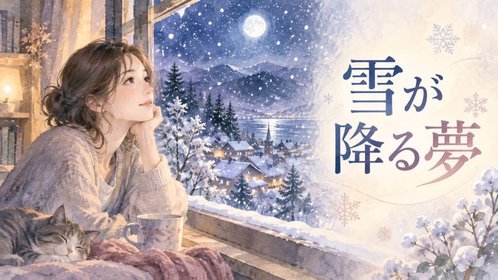 月明かりの窓辺で静かに降る雪を見つめる大人の女性