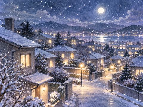 静かな夜の町に音もなく雪が降り積もり始める景色
