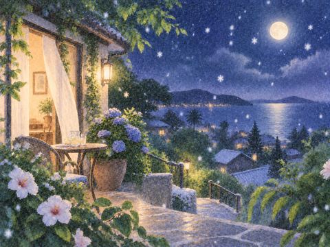 夏の緑と白い雪が同時に見える夜の不思議な景色