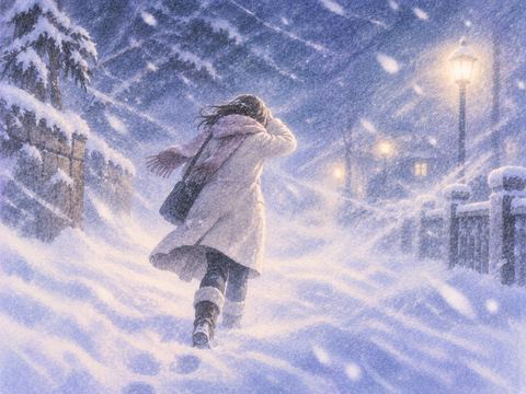 吹雪の中で前方を確かめながら歩く人物