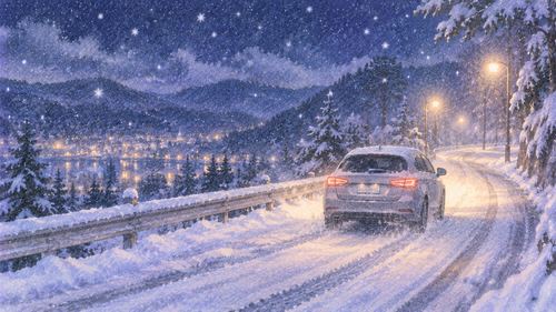雪の夜道をゆっくり走る車と照らされた路面
