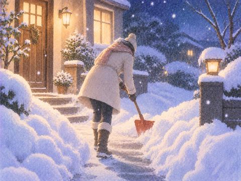 夜の玄関前で雪をかき分けて通り道を作る人物