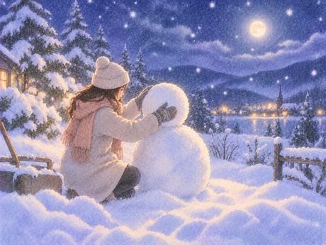 夜の雪原で雪だるまを作っている途中の場面