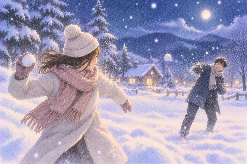 雪原で二人が笑いながら雪玉を投げ合う場面