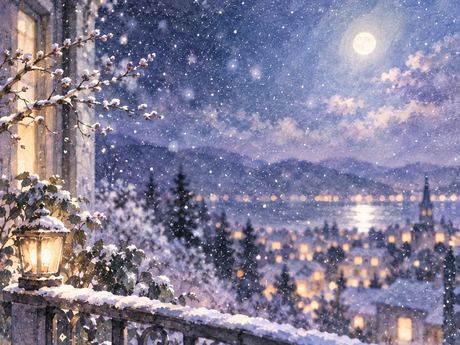 夜空に細かな粉雪がふわりと舞う幻想的な景色