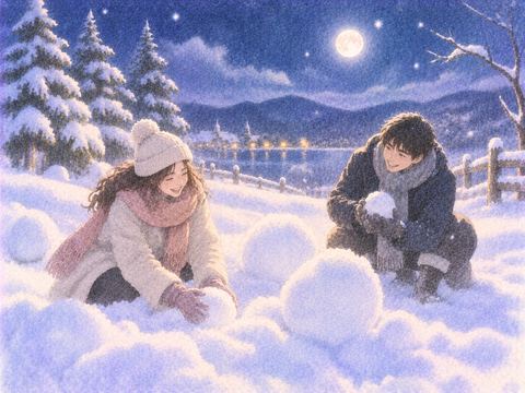 夜の雪原で楽しそうに雪へ触れて遊ぶ大人たち