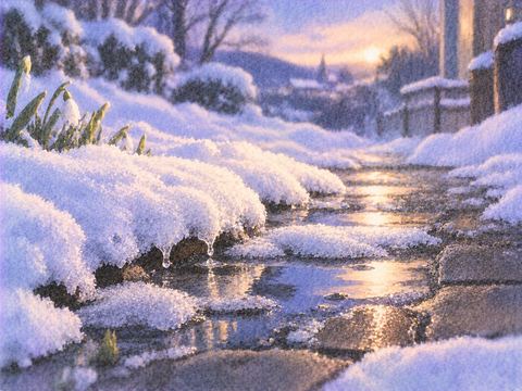 積もった雪が溶けて地面と水たまりが現れ始める夜景