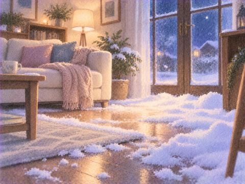暖かな部屋の床に白い雪が積もっている幻想的な室内