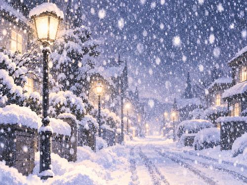 夜の町に大量の雪がまっすぐ降り続ける大雪の景色
