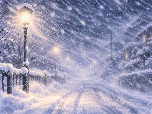 強い風と雪で遠くが見えにくくなった夜の道