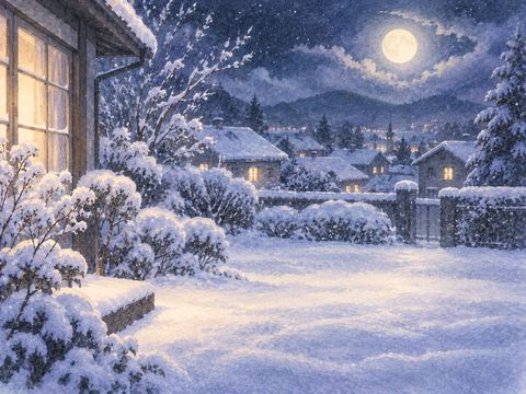 夜の庭や屋根を薄く白く覆った積雪の景色
