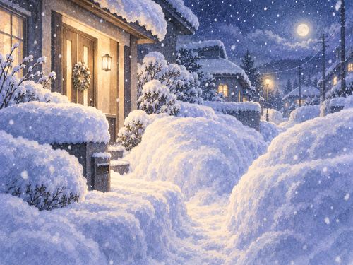 玄関や道のまわりに深く積もった大雪の夜景