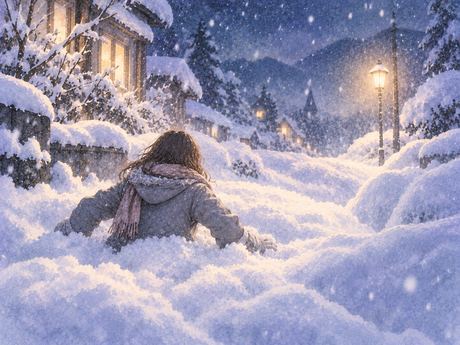 腰ほどまで雪に埋まりながら外へ出ようとする人物の後ろ姿