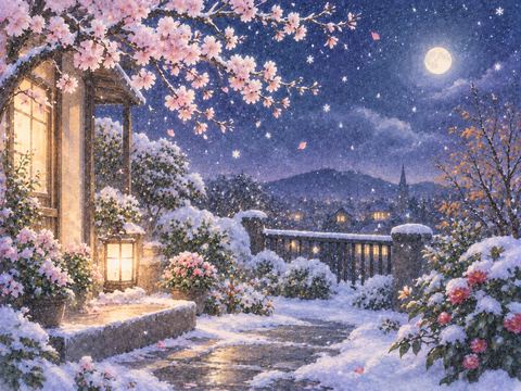花の残る季節の夜に白い雪が降る不思議な景色