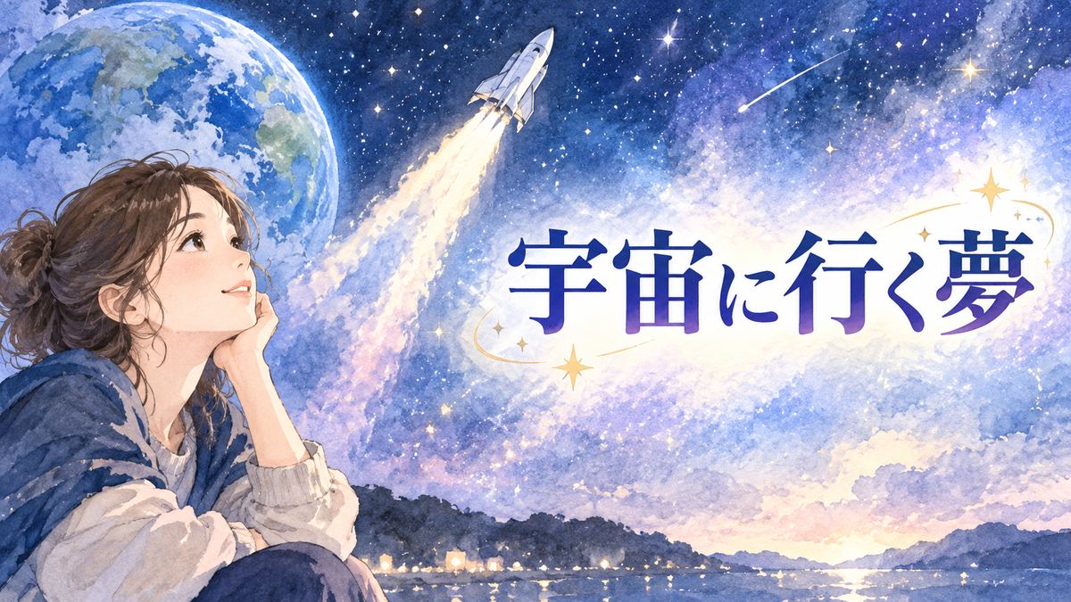 星空と宇宙船を見上げる大人の女性