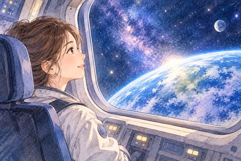宇宙船の窓から星空を見る女性