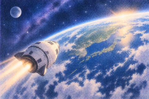 地球へ帰還する宇宙船と青い地球