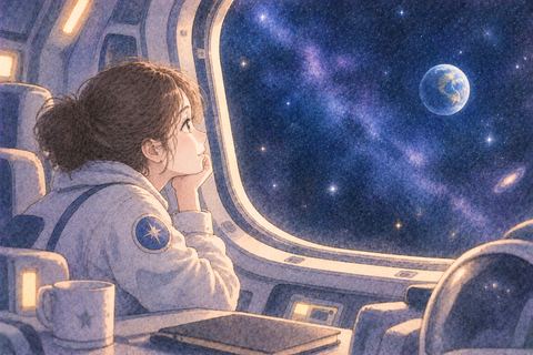 遠い地球を見つめる宇宙船内の女性