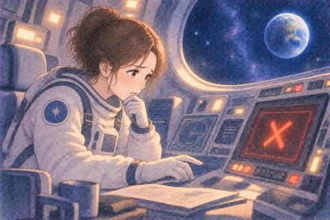 故障した宇宙船内で装置を確認する女性