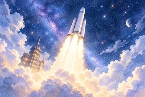 夜空へ勢いよく上昇するロケット