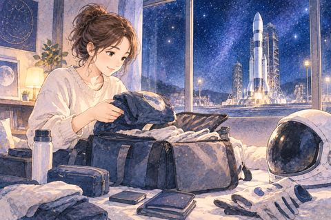 宇宙旅行の荷物を準備する女性
