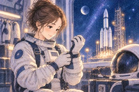 宇宙服を整えて出発を待つ女性