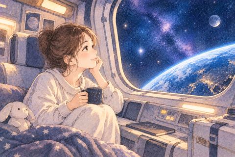 宇宙船の中で窓辺に座る女性