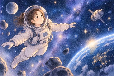 星空の宇宙空間を穏やかに漂う女性