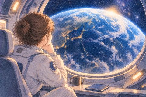 宇宙から青い地球を見つめる女性