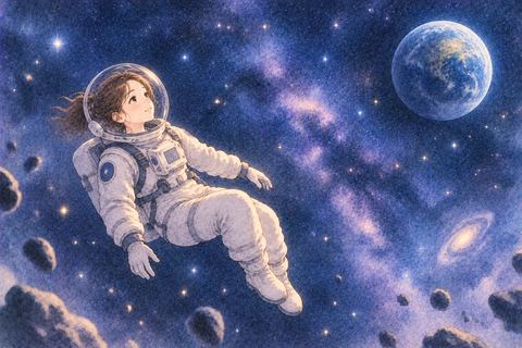 広い宇宙でひとり静かに浮かぶ女性