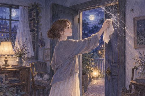 夜の部屋で通り道の蜘蛛の巣を払う人物の夢