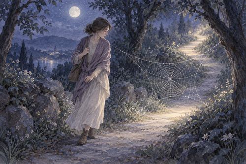 月明かりの道で蜘蛛の巣を避けて歩く人物の夢
