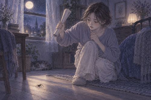 床の蜘蛛を退治しようと丸めた紙を構える人物の夢