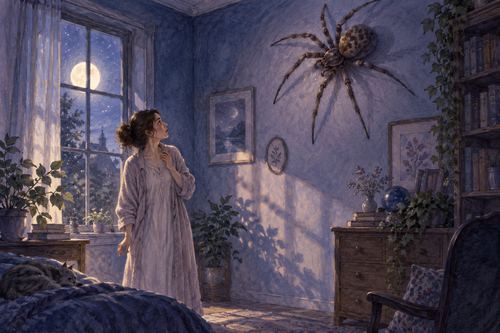月明かりの部屋で大きな蜘蛛を見上げる人物の夢