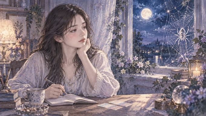 蜘蛛の夢の余韻と手元の宝くじ券を別々に見つめる女性
