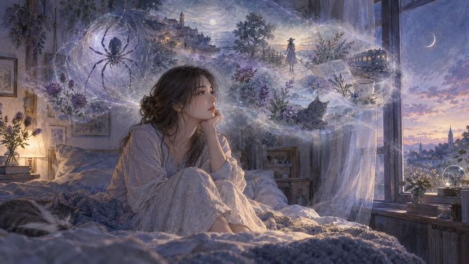 目覚めた女性のそばに蜘蛛の夢と過去の記憶の残像が重なる夜の場面