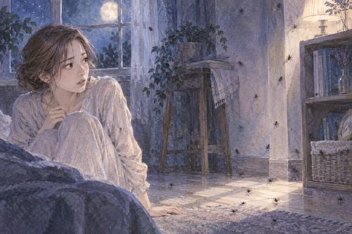 夜の部屋の床や壁に小さな蜘蛛が点々といる夢